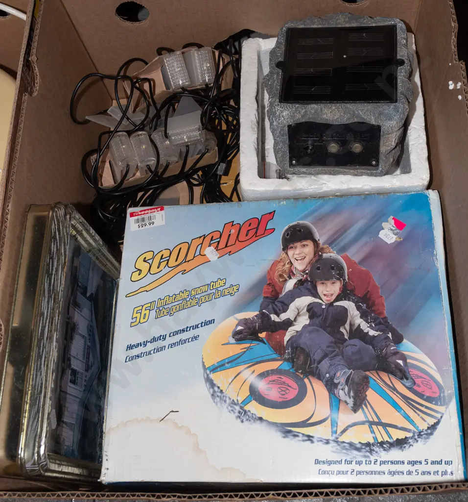 box; tins, solar powered rock/garden  light, inflatable snow tube Image 1++