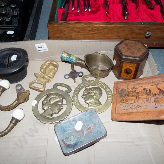 box; horse brasses, bottle openers, money box etc