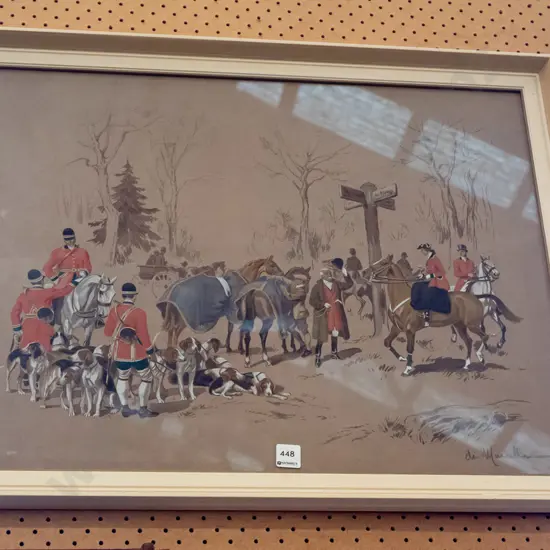 framed watercolour - hunting scene