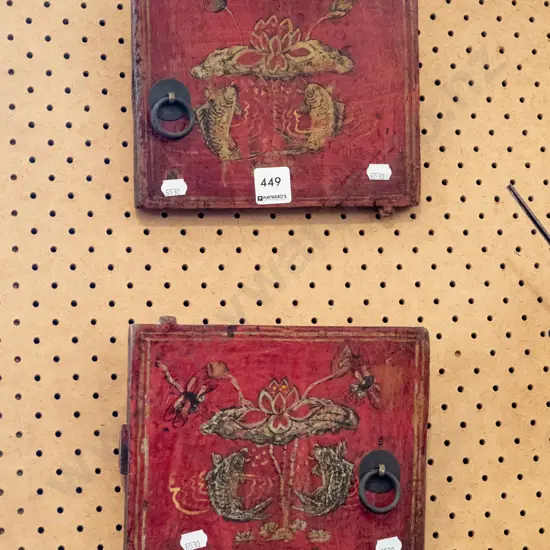 2x Asian cabinet doors that have been strung as art