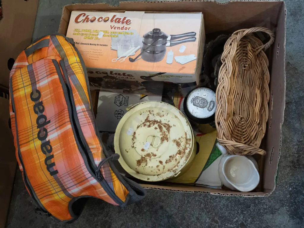 box; chocolate double boiler, small Macpac bag, tins, cane basket etc Image 1++