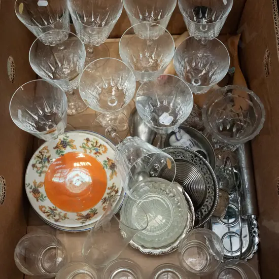 box; crystal goblets, bowls plated ware etc