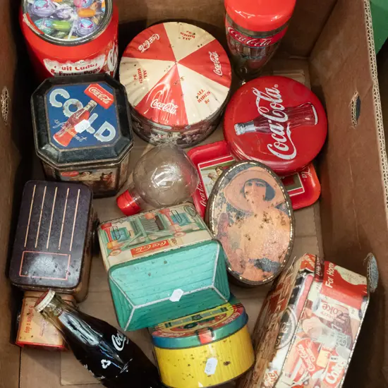 box; Coca Cola promotional tins, bottle, sipper