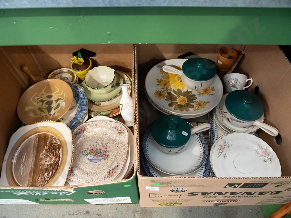 2x boxes; plates, bowls, vases etc - green dots Image 1++