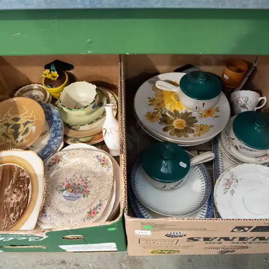 2x boxes; plates, bowls, vases etc - green dots