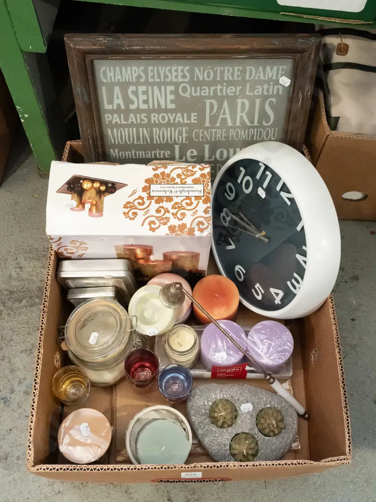 box; candles, wall clock, framed French themed print etc Image 1++