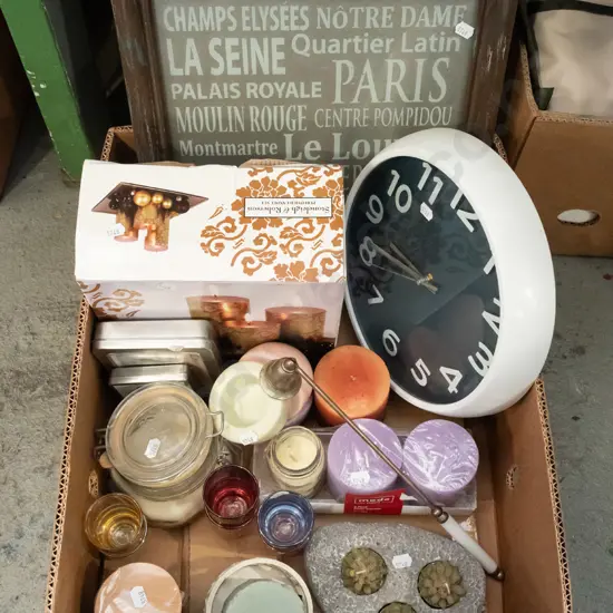 box; candles, wall clock, framed French themed print etc