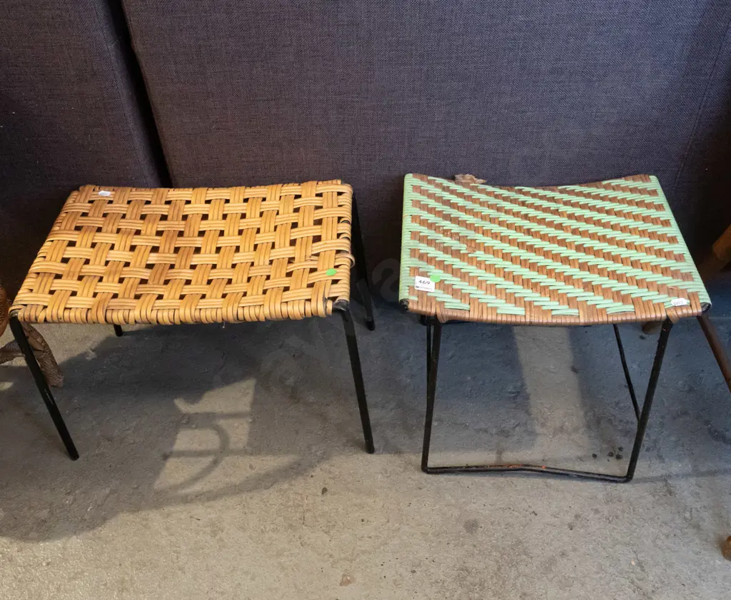 2x woven plastic stools - green dots Image 1++