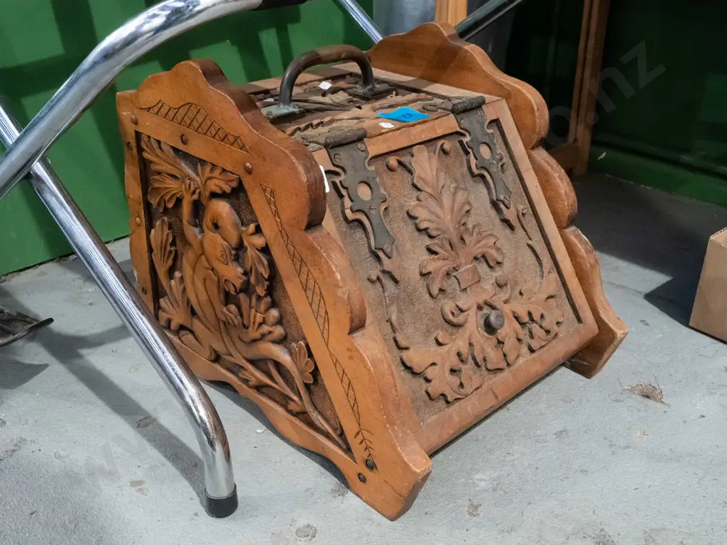 heavily carved oak coal bin - missing liner Image 1++
