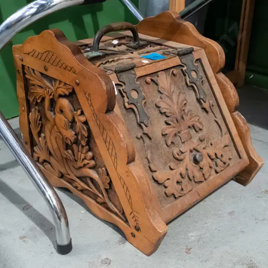 heavily carved oak coal bin - missing liner