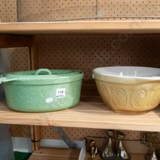 green speckled enamel casserole, mixing bowl Diam210