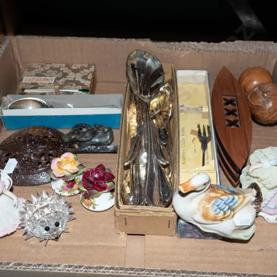 box; cutlery, figurines etc