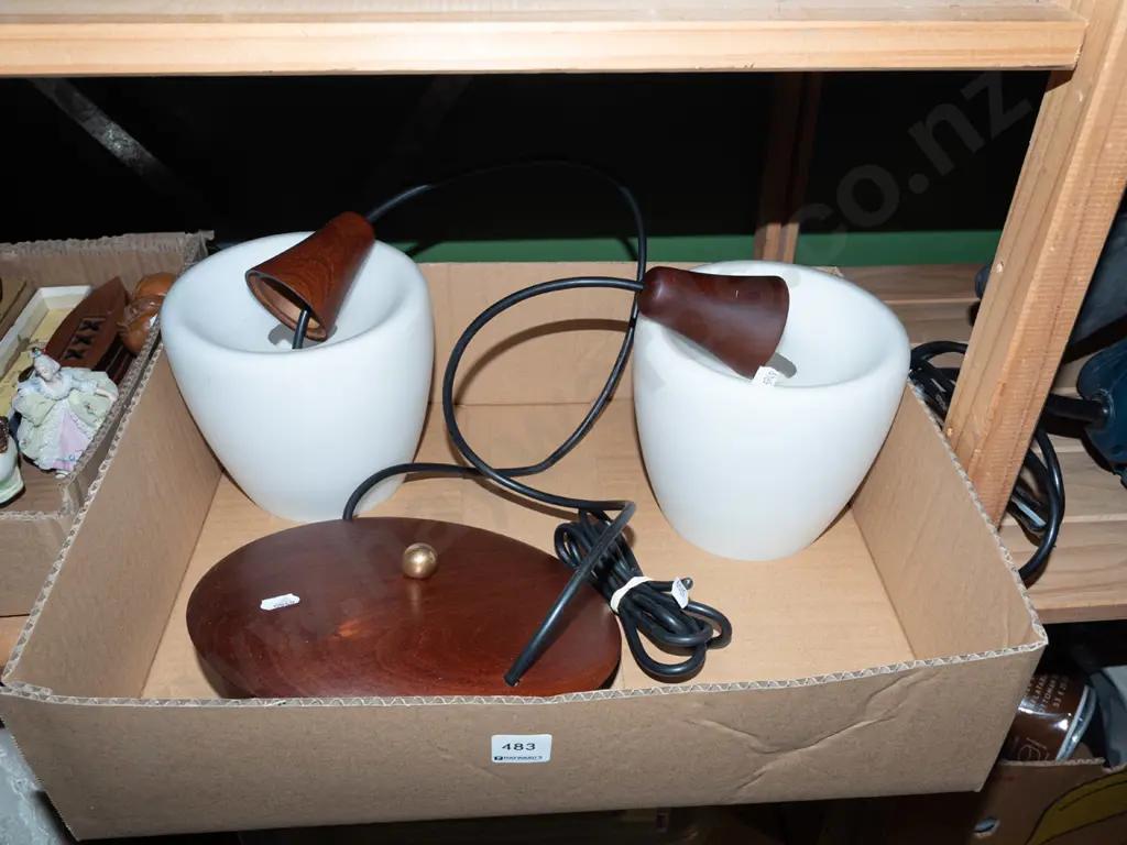 retro wood and milk glass twin pendant light fitting Image 1++
