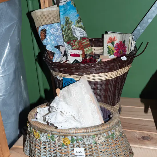 2x baskets; lace, sewing threads, needleworks etc