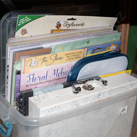 plastic tub of crafting supplies, embroidery books, sparkle sheet, cards  etc