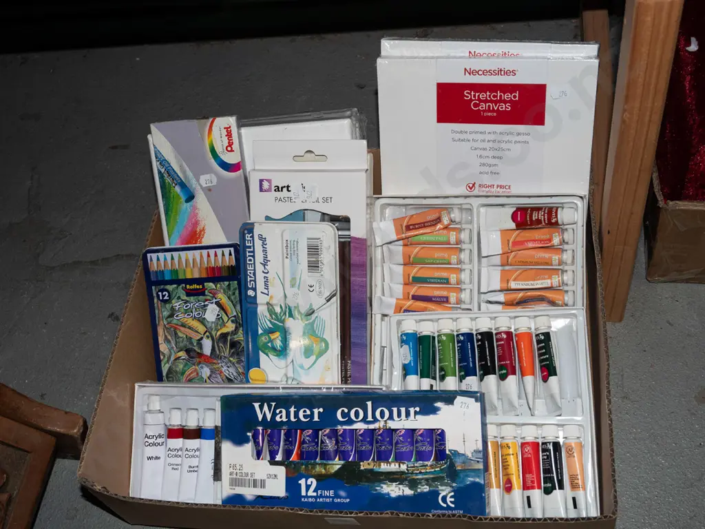 box; artist's supplies, paints, pencils, canvases Image 1++