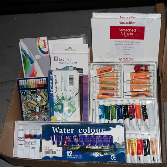 box; artist's supplies, paints, pencils, canvases