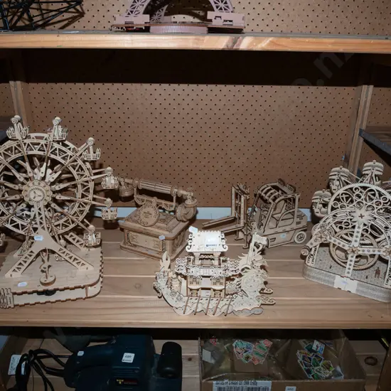 various cutout wooden models; boats, ferris wheels etc Tallest H380