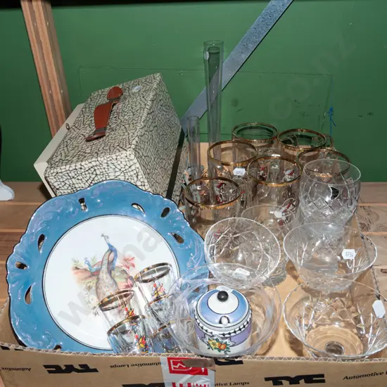 box; crystal comports, beer glasses, vases etc