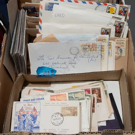 box; first day covers and postcards and envelopes
