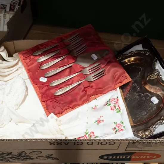 box; plated tray, cake server, linen etc