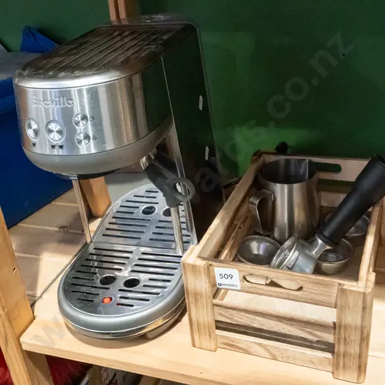 Breville Espresso maker, small wooden crate and accessories