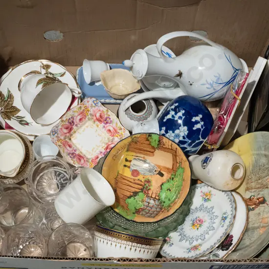 box; cutlery, plates, glassware, trio etc