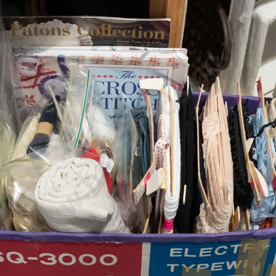 box; brading, lace, cross stitch books etc