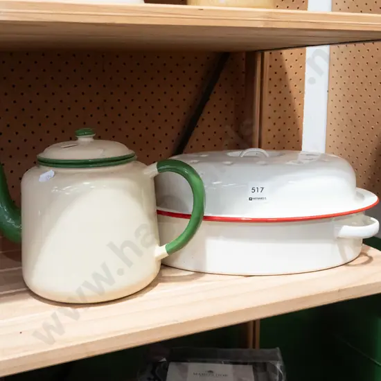 enamel teapot, covered roasting dish