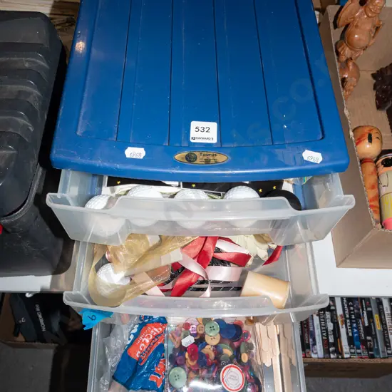 Taurus plastic 3 drawer chest; buttons, strings, beads etc
