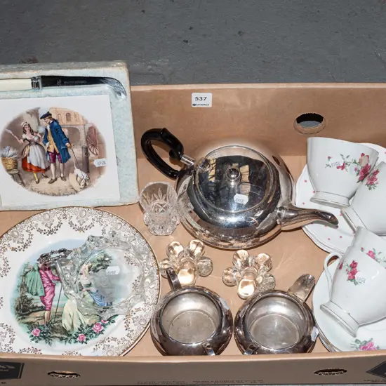 box; plated teapot, creamer, cups etc