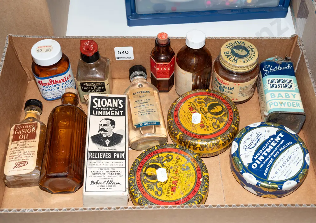 box; Rawleighs tins, linament bottles, castor oil etc Image 1++