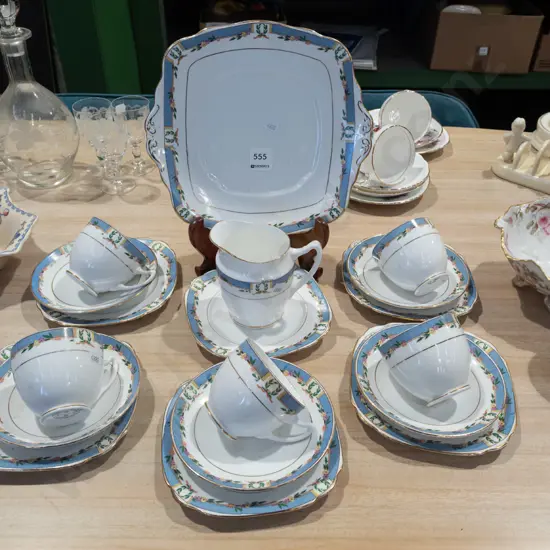 Excella cups, saucers, cake plate, creamer