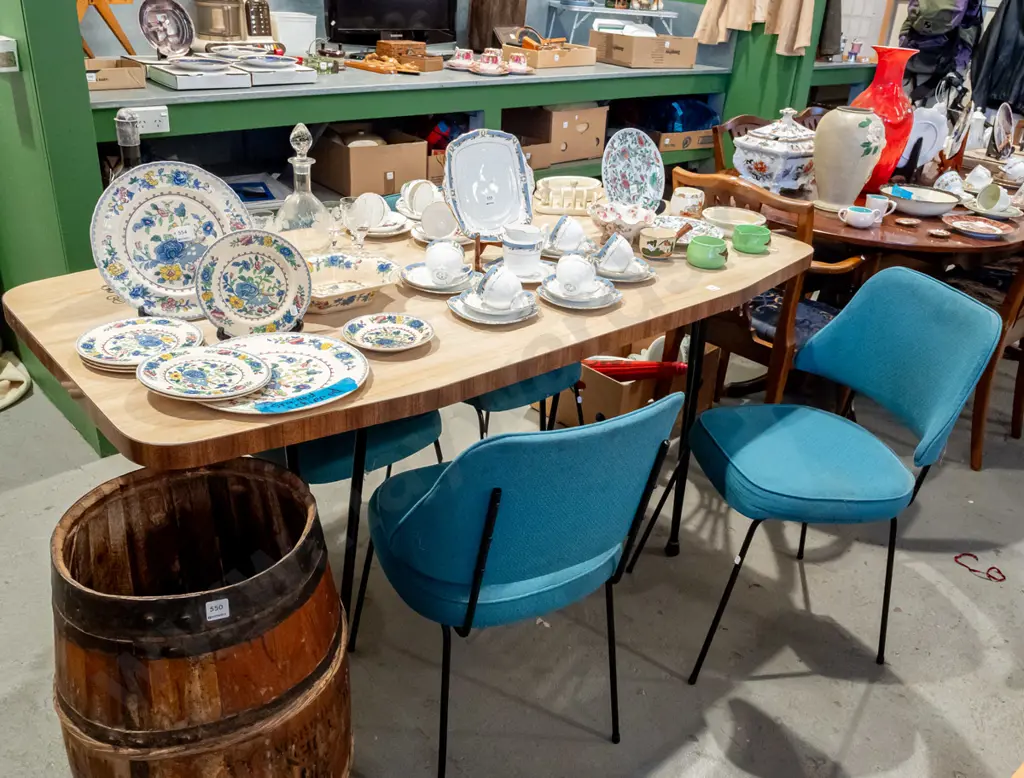 mid century formica top table with 4 blue upholstered dining chairs - fabric needs a clean  Image 1++