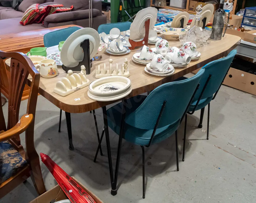mid century formica top table with 4 blue upholstered dining chairs - fabric needs a clean  Image 1++