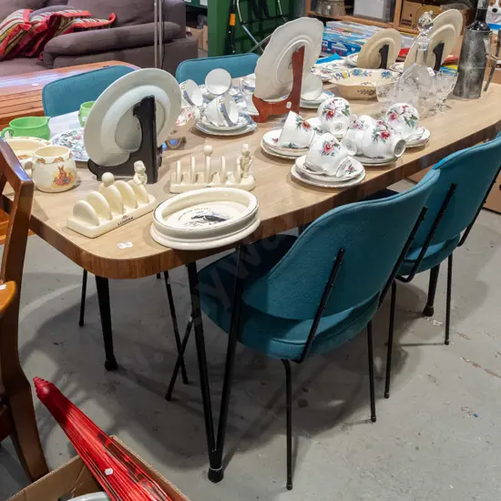 mid century formica top table with 4 blue upholstered dining chairs - fabric needs a clean 