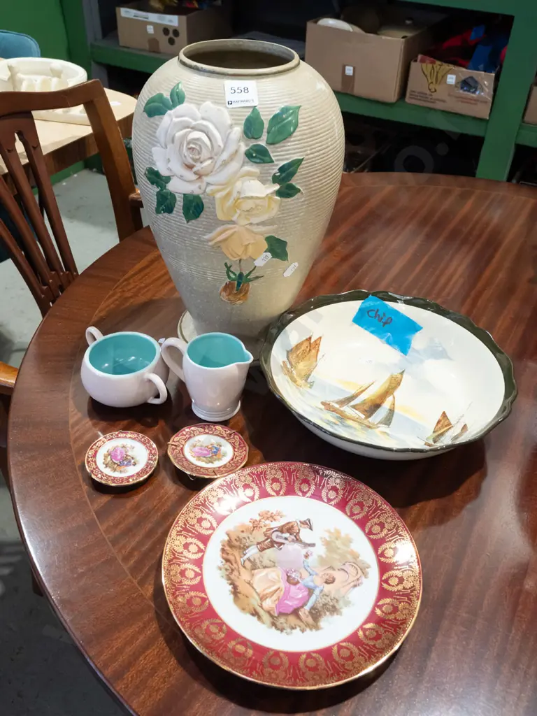 Limoges plates, Poole creamer and sugar, Carlton bowl - small chip, Burleigh Ware vase with yellow roses  Image 1++