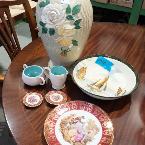 Limoges plates, Poole creamer and sugar, Carlton bowl - small chip, Burleigh Ware vase with yellow roses 