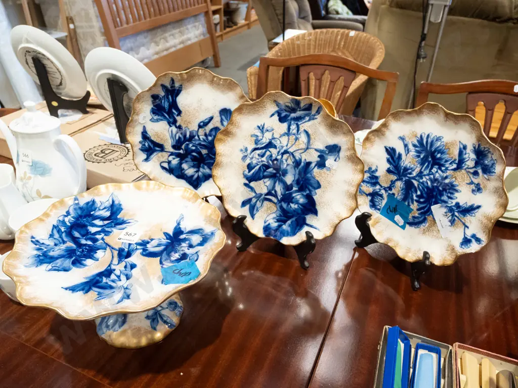 Doulton Burslem gilt and blue floral comport, 3x plates - comport and 1 plate have chips Image 1++
