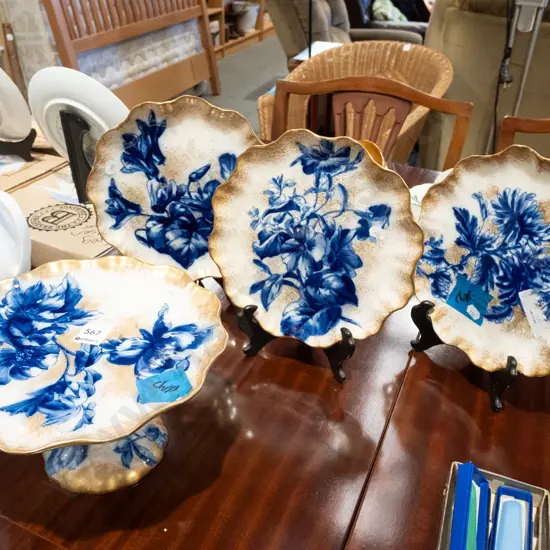 Doulton Burslem gilt and blue floral comport, 3x plates - comport and 1 plate have chips
