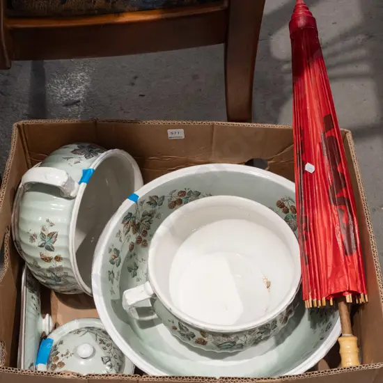 box; wash bowl, chamber pots, parasol etc - some chips/cracks