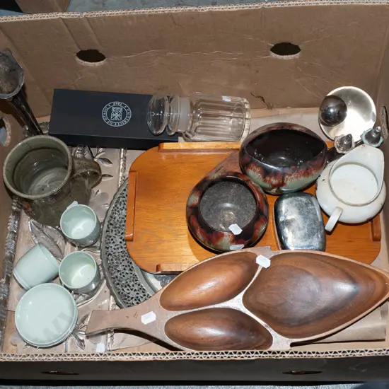 box; wooden trays, canisters, bowls, vase etc