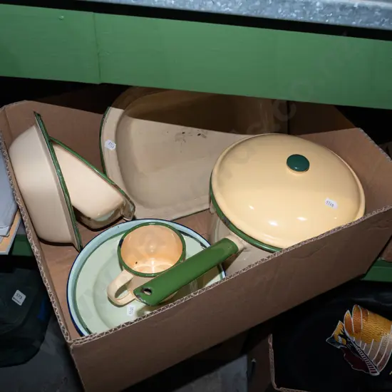 box; enamel pots, pan, bowl etc