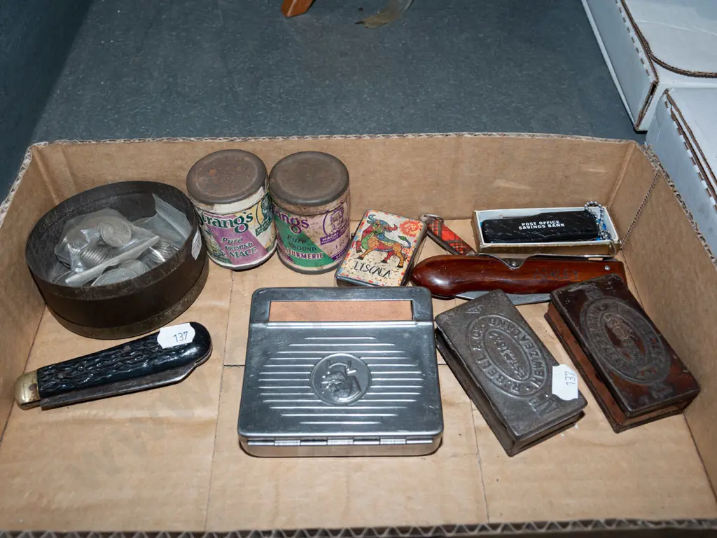 box; coins, vintage tins, pocket knives etc Image 1++