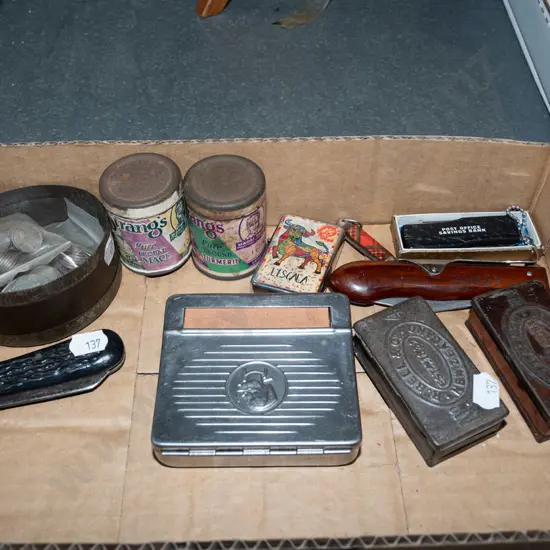 box; coins, vintage tins, pocket knives etc