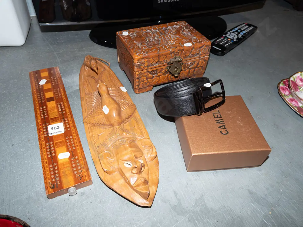 small camphorwood chest W180, cribbage scorer, belt, carved wooden souvenir wall hanging Image 1++