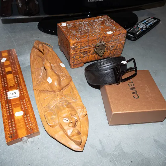 small camphorwood chest W180, cribbage scorer, belt, carved wooden souvenir wall hanging