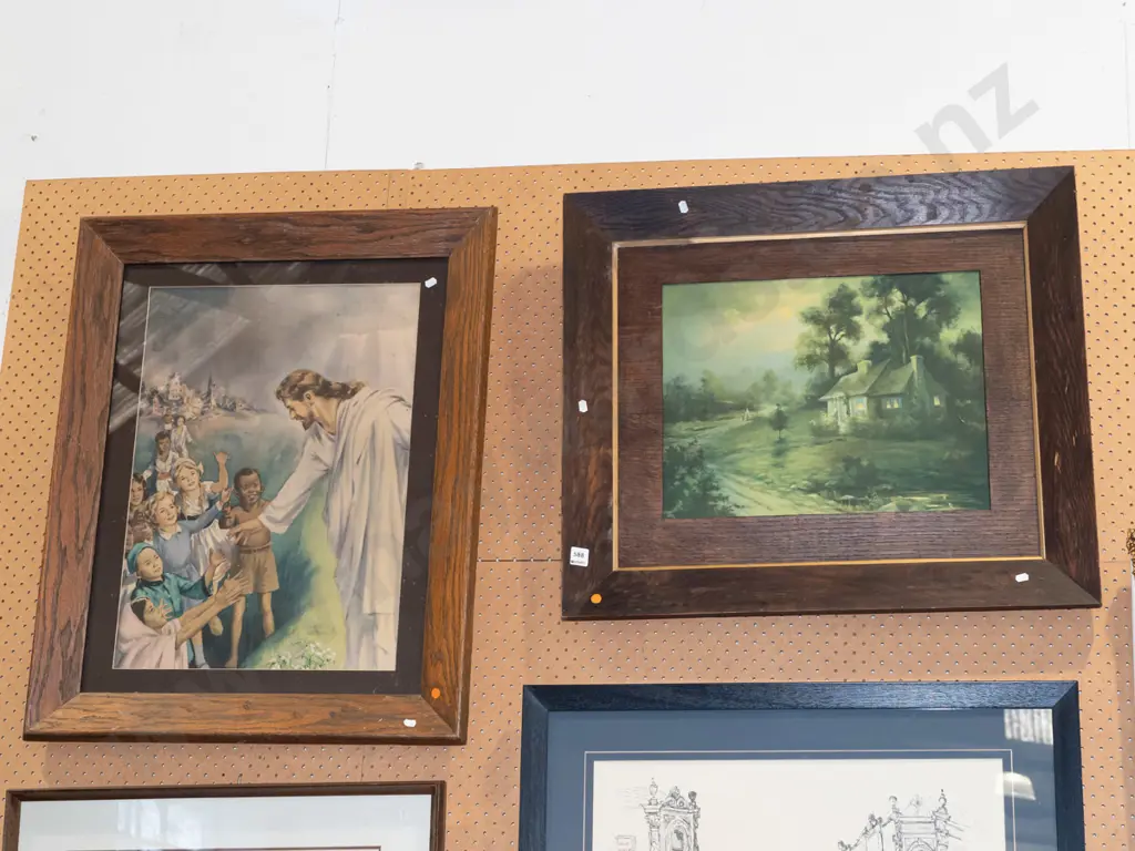 2x oak framed prints - Jesus, country cottage - 1 has no glass - orange dots Image 1++