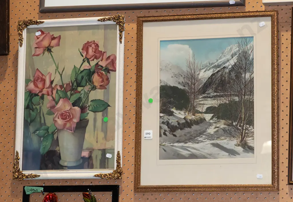 2x framed prints - flowers, mountain scene - green dots Image 1++