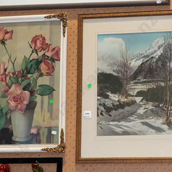 2x framed prints - flowers, mountain scene - green dots